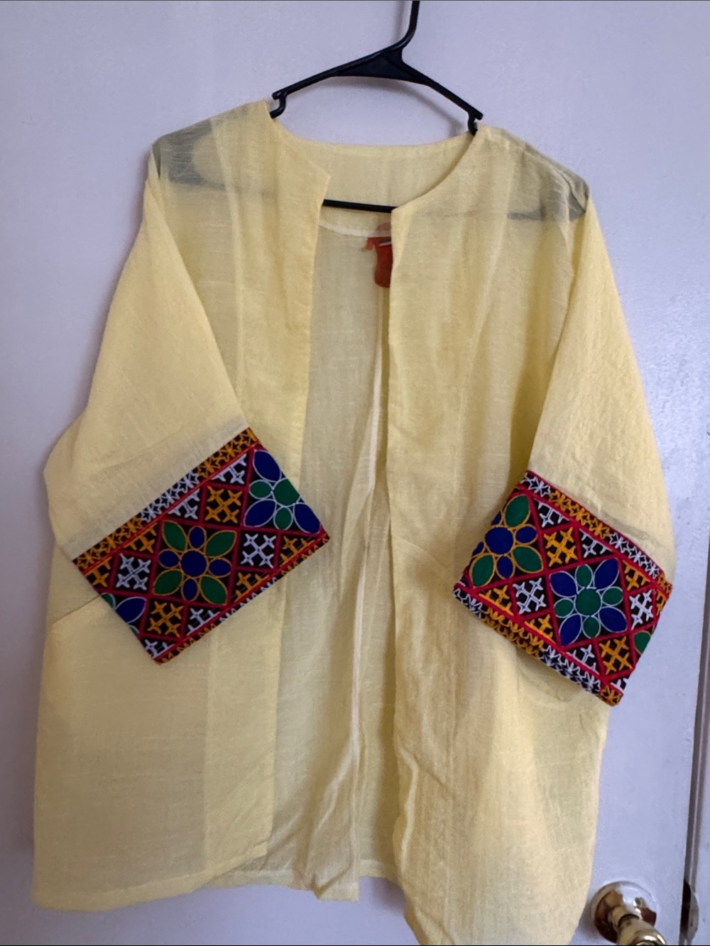 Handmade Embroidered Yellow Sleeve Top with Multicolor Geometric Trim